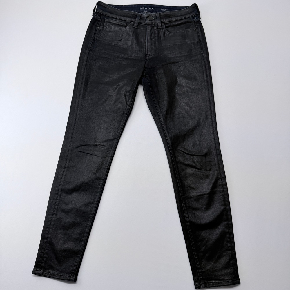 Spanx Black Coated 5-Pocket Skinny Jeans Size 28 Waxed Denim Shaping Pants